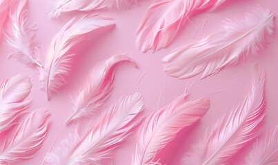 Scattered pink feathers on a textured background, minimalism concept
