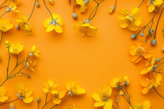 Beautiful above view on buttercup flowers heads on orange background