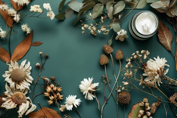 View on herbarium collection of dry flowers and leaves and eco cream jar on brown-green dark bacgkround