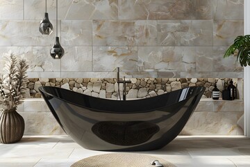 a visually striking 4K image of a modern freestanding bathtub with a matte black exterior finish