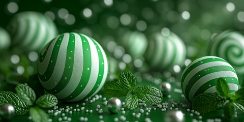 green and white striped spheres and peppermint.