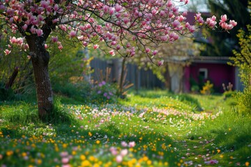 Flowering magnolia tree in village garden, Poland