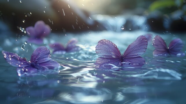   A collection of purple butterflies hovering above a water surface, each with droplets clinging beneath