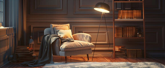 A cozy reading corner with a plush armchair and a stack of books, illuminated by a sleek floor lamp.