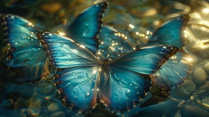   A scene of blue butterflies perched on emerald leaves overhanging a shimmering, bubble-specked water body