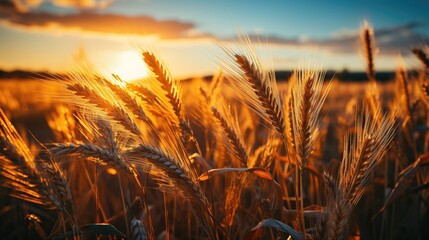 Sunset over wheat field. Beautiful summer landscape. Rural scene.