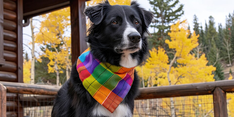 Portrait of Border Collie sitting obediently, with a colorful bandana around its neck, against a rustic outdoor backdrop.
