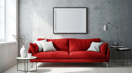 A cozy modern living room boasts a striking red sofa set against a backdrop of soft gray walls, with an empty white frame hung on the wall.