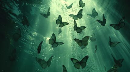   A group of butterflies flying above water, sunlight streaming through it, illuminating the ground below - obrazy, fototapety, plakaty