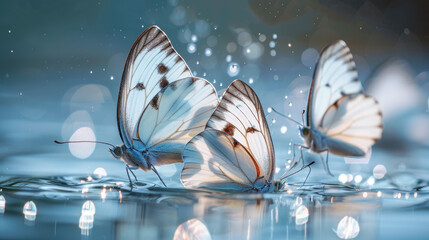  Two white butterflies atop a still body of water, with foreground drops