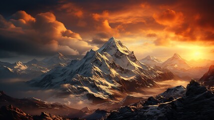 Fantasy landscape with mountains in the clouds at sunrise.