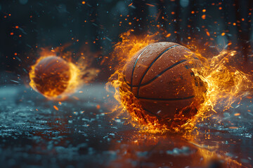Basketball. Basketball Balls with Fire Sparks,
Fiery basketball soars towards hoop leaving blazing trail in its wake Concept Fiery Basketball Blazing Trail Soaring Towards Hoop Sports Photography
