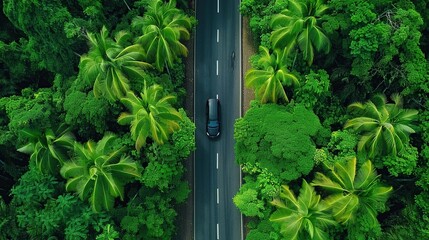 A car driving on a road in a green forest, aerial view of the car and an asphalt highway with trees in a tropical forest landscape.
