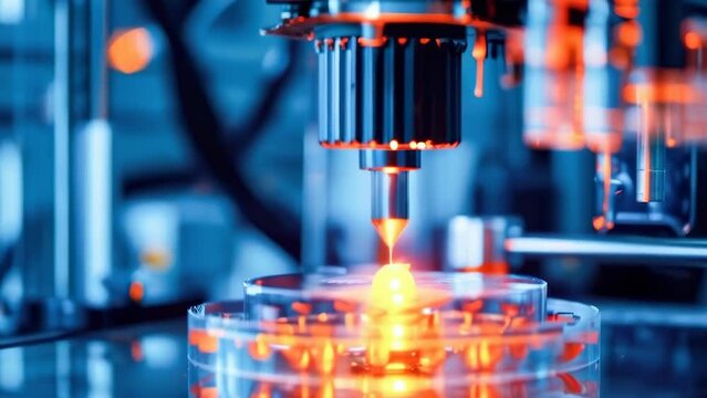 Close-up view of a laser engraving machine in a high-tech industrial setting, illuminating precision of modern manufacturing. 3D printing of complex elements. High-precision manufacturing equipment