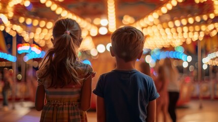 children on their backs in an amusement park at night with blurred background in high resolution and high quality HD