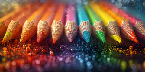 Set of colored watercolor pencils on a shiny multicolored background. Multicolored Wooden pencils for creative work. Colorful sharpened pencils are lined up