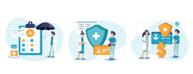 Health insurance illustration set. Doctor offering medical insurance policy contract. Patient holding insurance ID card. Medicine and healthcare concept. Vector illustration.