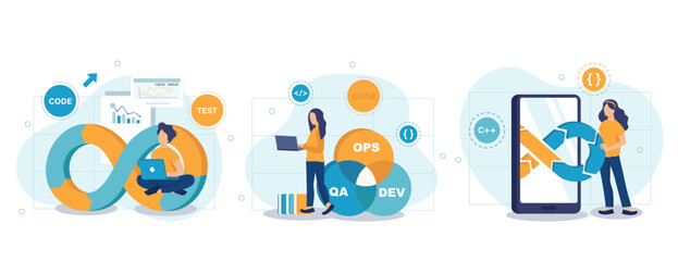 DevOps web concept with people scenes set in flat style. Bundle of programmers interact with tech support engineers, administration development operations. Vector illustration with character design - obrazy, fototapety, plakaty