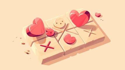 A whimsical twist on the classic tic tac toe game featuring hearts instead of noughts and crosses adding a charming Valentine s Day touch Illustrated in a sleek 2d flat style perfect for us