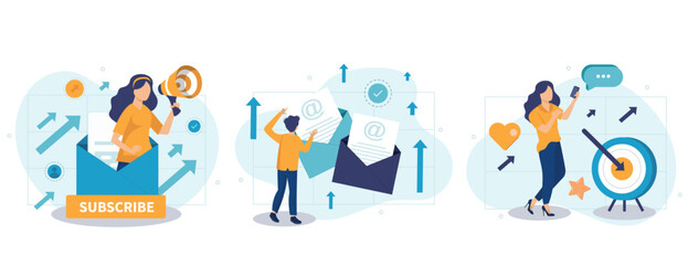 Email service web concept with people scenes set in flat style. Bundle of online communication programs, sending and receiving messages, promo newsletter. Vector illustration with character design - obrazy, fototapety, plakaty