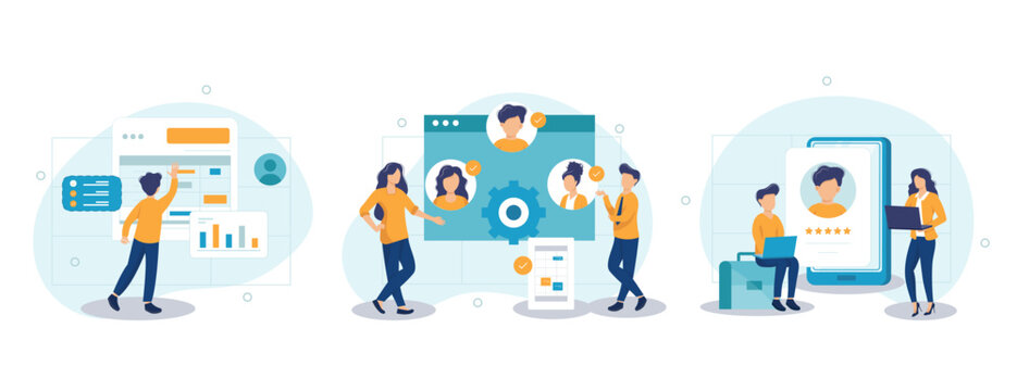 Characters hiring new employees, planning human resources and schedule to increase productivity and quality of work. Business illustration set. Workforce management concept. Vector illustration