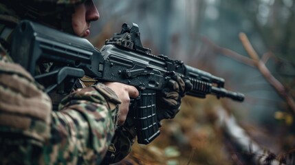 Soldier with a machine gun in his hands at war, war in Ukraine