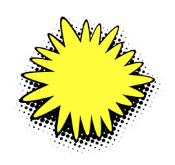 A dazzling yellow burst radiates with energy, edged with a sharp black outline and set against a white background speckled with halftone dots, capturing a lively pop art essence.