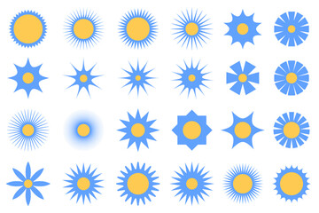 A joyful collection of sun-inspired patterns in shades of blue with yellow centers, radiating warmth and happiness, perfect for summery designs.