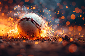 Baseball. Baseball Ball. Baseball Background,
Baseball on fire with smoke and flames background Closeup of old baseball ball on fire Concept of sport
