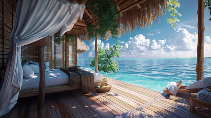 
Quarto de sonho estilo Boho com vista para as Maldivas