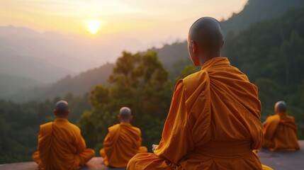 A glimpse into the world of a silent retreat with peaceful scenery and a group of monks meditating in unison. 2d flat cartoon. - obrazy, fototapety, plakaty