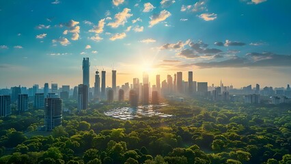 Sustainable Future City Skyline with Integrated Renewable Energy Storage. Concept Solar Panels, Green Buildings, Urban Planning, Sustainable Development, Renewable Energy Storage