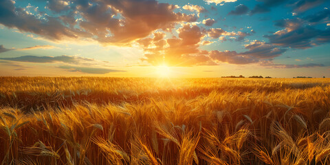A tranquil rural landscape of a golden wheat field against the morning sun and cloudy sky. - obrazy, fototapety, plakaty