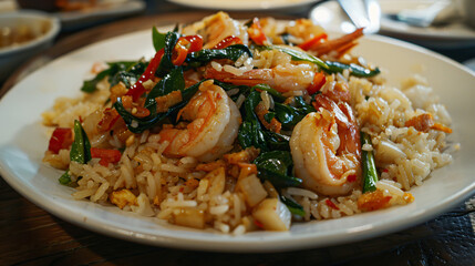 Shrimp fried basil rice on a white plate