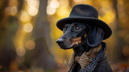 
Cachorro Daschund preto com roupa retrô realista