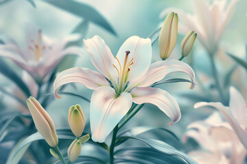lily of the valley, Delight in the exquisite beauty of elegant blooming lilies with buds in this captivating image