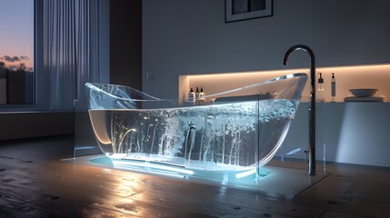 a visually stunning 4K image of a modern freestanding bathtub with a transparent acrylic exterior, filled with cascading water illuminated by LED light - Powered by Adobe