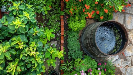 Lush garden corner with diverse plants and barrel water feature