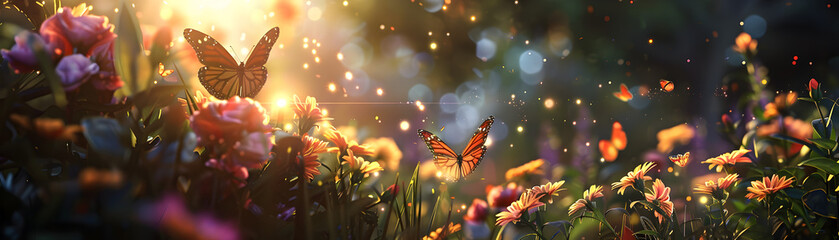 A butterfly is flying in a field of flowers. The butterflies are surrounded by a lot of flowers, and the sun is shining brightly on them. The scene is peaceful and serene