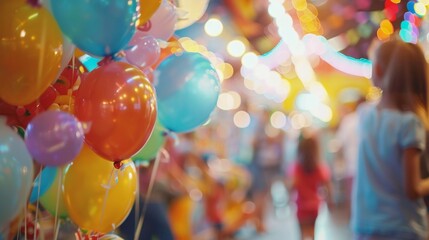 A dreamy defocused shot of a joyful family film fling where the hustle and bustle of children and adults mingling together is highlighted by the whimsical decorations of candy and .