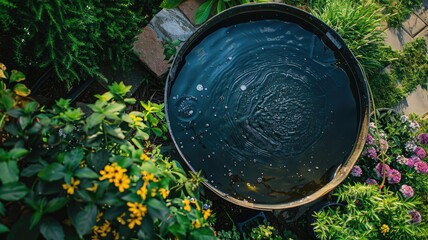 Black water basin among vibrant garden plants