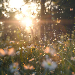 A field of flowers with butterflies flying around. The sun is shining brightly, creating a warm and peaceful atmosphere