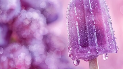 Close-up of purple popsicle with water droplets on pink bokeh background