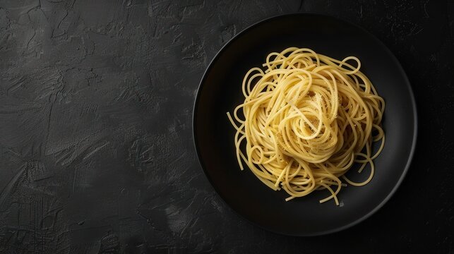 Top view of italian spaghetti in dark plate on black background, copy space. generative AI image