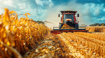 Agricultural Bounty: Combine Harvester Harvesting Ripe Wheat in a Flourishing Landscape - obrazy, fototapety, plakaty