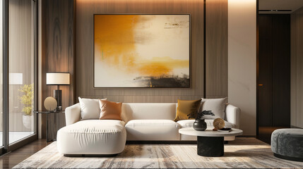 A contemporary living room setting featuring a well-framed artwork, enhancing the overall ambiance.