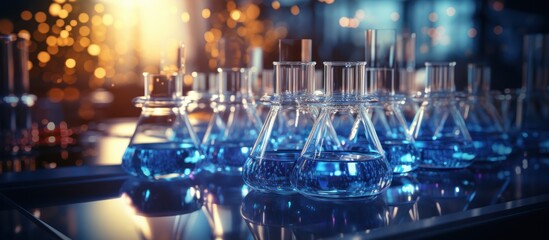 Laboratory glassware containing chemical liquid, science research and development concept.