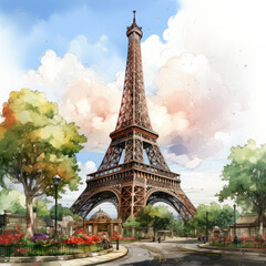 Watercolor Eiffel tower, clipart Illustration, Generative Ai