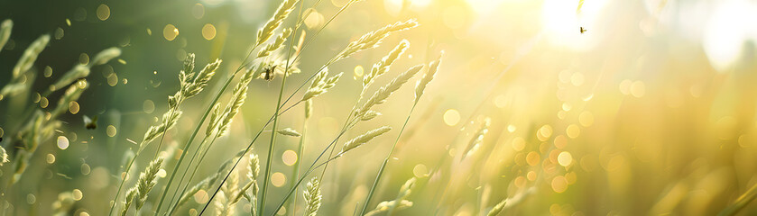 A field of tall grass with a sun shining on it. The sun is casting a warm glow on the grass, making it look inviting and peaceful. The grass is swaying gently in the breeze
