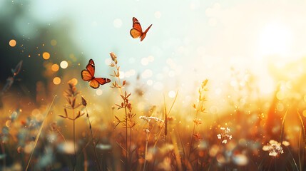 Two butterflies flying in a field of yellow flowers. The sun is shining brightly, creating a warm and peaceful atmosphere